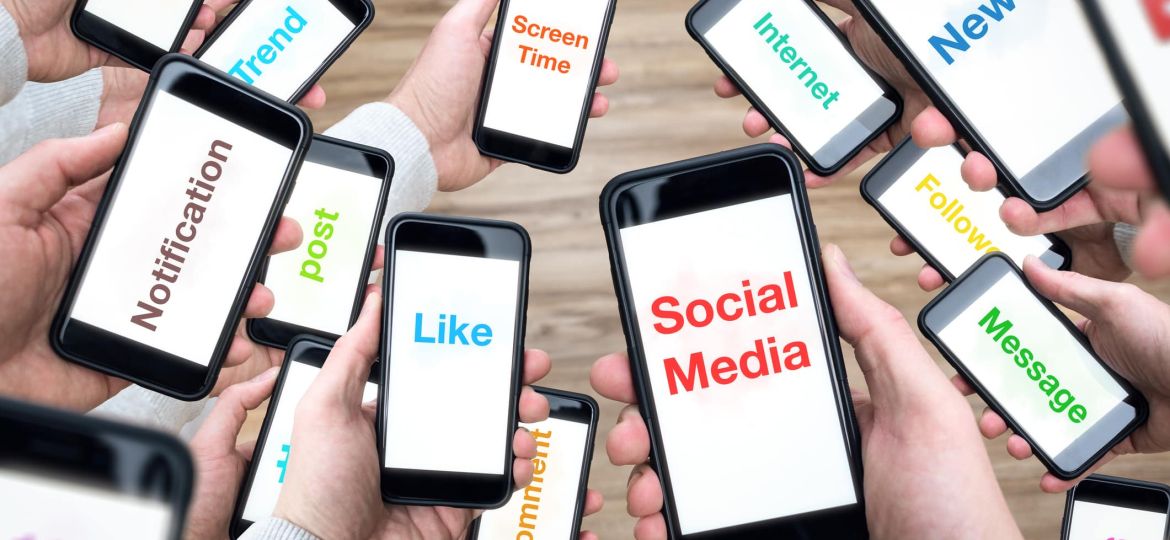 Social media terms on many smartphone screens