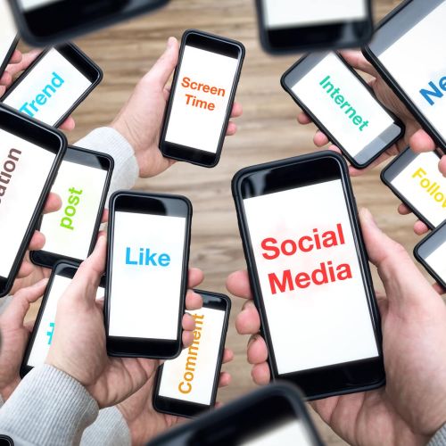 Social media terms on many smartphone screens